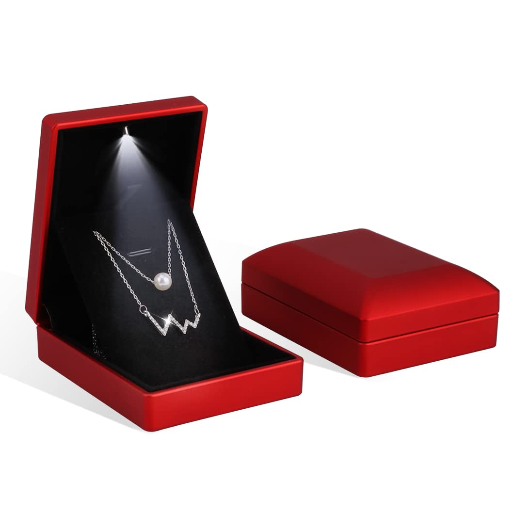Rolin RolyRolin Roly 2Pcs Red Pendant Box with LED Light Square Jewelry Necklace Case Jewellry Display Gift Boxes for Wedding Pendants Box Ceremony Engagement Proposal Anniversary