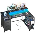 47 Inch L Shaped Gaming Desk with Power Outlets and LED Lights, Reversible Computer Desk with File Drawers & Monitor Stand, Corner Gamer Desk Table for Home Office with Storage Shelves, Black
