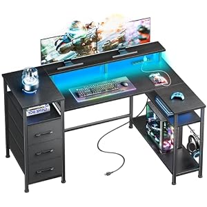 47 Inch L Shaped Gaming Desk with Power Outlets and LED Lights, Reversible Computer Desk with File Drawers & Monitor Stand, Corner Gamer Desk Table for Home Office with Storage Shelves, Black