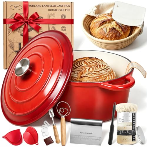 Image of Enameled Cast Iron Dutch Oven Pot with Lid 5.5QT, Sourdough Bread Baking Supplies with Banneton Bread Proofing Basket Set & Starter Jar, Unique Dutch Oven for Bread Baking (Gradient Red)