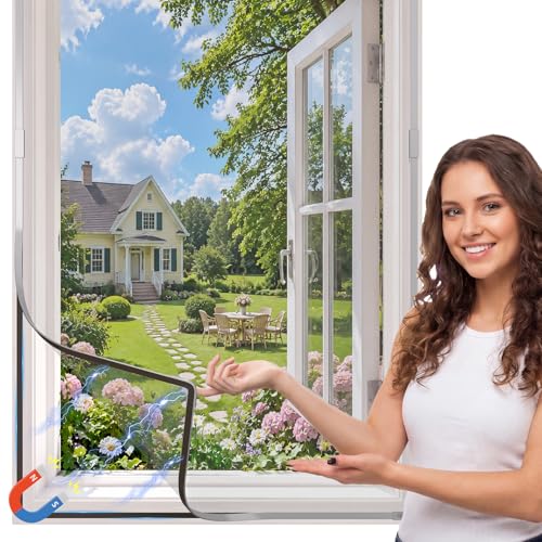 Qmioti Window Screen Magnetic Window Screen Replacement Max 39 x 59 DIY Fiberglass Mesh Adjustable Window Screens for House Windows Grey Frame with Grey Mesh