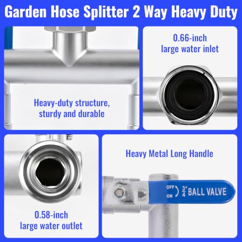 Image of 2 Way Garden Hose Splitter, Stainless Steel, Heavy Duty 304 Stainless Steel Full Flow T Valve with Long Handle, Lead-Free Rust & Freeze Resistant, 3 /4 inch GHT Thread Outdoor Water Hose Adapter