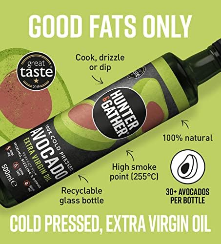 Hunter & Gather Extra Virgin Avocado Oil - 500ml | Cold Pressed, Unrefined and Bottled in UK | 100% Natural Avocado Oil | Versatile for Drizzling, Sizzling and Dipping | Sugar, Gluten and Dairy Free
