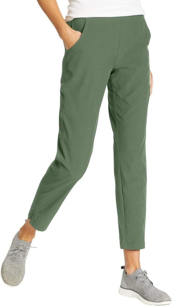 Eddie Bauer Travel Pants Women - Lightweight Elastic Waistband Ankle Pants (Green, L)