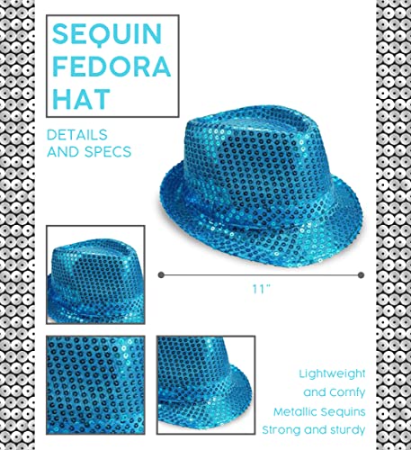 Mozlly Glamorous Light Blue Fedora Disco Hat – Unisex Retro Funky Costume Sequin Hat, Party Prop, Favor, Novelty Accessory – Sequined Hat Accessories - 11 Inch #TOP1
