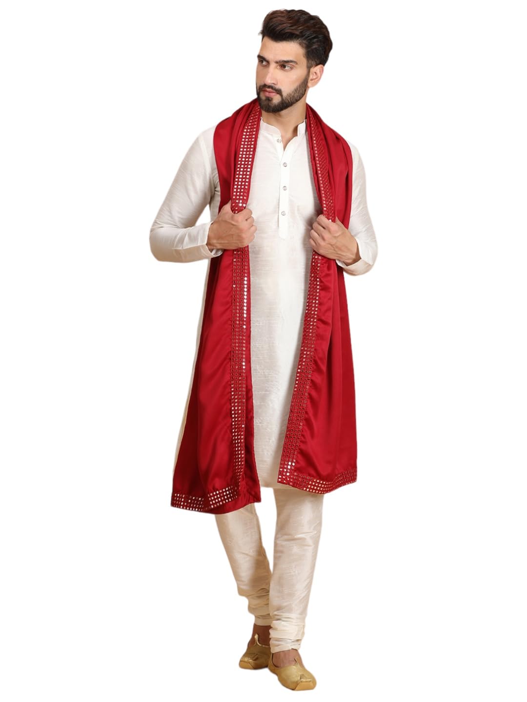 Men's Banarasi Dupion Blend Silk Kurta Churidar Pyjama with Viscose Mirror Work Embroidered Dupatta/Stole for men(3 Piece Set)-image-43
