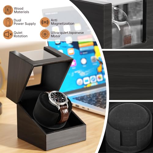 Image of Racokky Watch Winder for Automatic Watches, Anti-Magnetic Single Watch Winder Box for Rolex, Luxury Wooden Case, Quiet Japanese Motor, Soft Velvet Pillow, Battery or Type-C, Premium Gift for Men