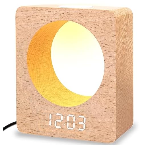 poemland Digital Wooden LED Alarm Clock Made of Solidwood (Beech) with Night Light,3 Alarm Settings, Temperature Detect for Bedroom, Bedside, Desk, Kids