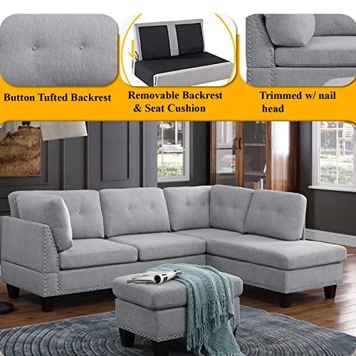 Sectional Couch Sofa With Chaise Lounge And Ottoman 3 Seat Sofa Couch For Small Space L Shape Small Convertible Sectional Sofa For Living Room,Apartment,Office Area, Right Facing Couch In Grey #TOP2