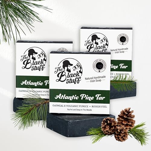 The Black Stuff All Natural Bar Soap for Men Handmade Cold Process Soaps with Organic Ingredients and Essential Oils - Mens Soap for Daily Use, Atlantic Pine Tar (3 Packs)