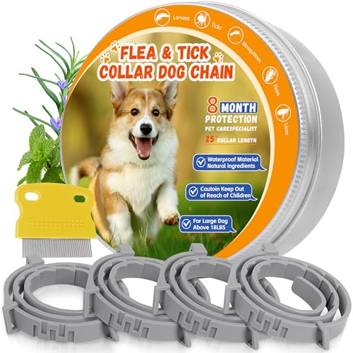 4 Pack Flea Collar for Dogs, Adjustable Flea & Tick Prevention Collars with Comb for Small Medium and Large Dog, Waterproof Flea Control Collar Safe for All Breeds, 25 inch, Grey