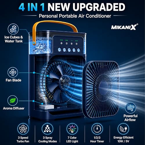 Image of MIKANIX Mini Cooler Fan with Water Spray & LED Light | Portable Personal Air Conditioner with 1 /2 /3H Timer for Bedroom, Office & Kitchen (Blue)