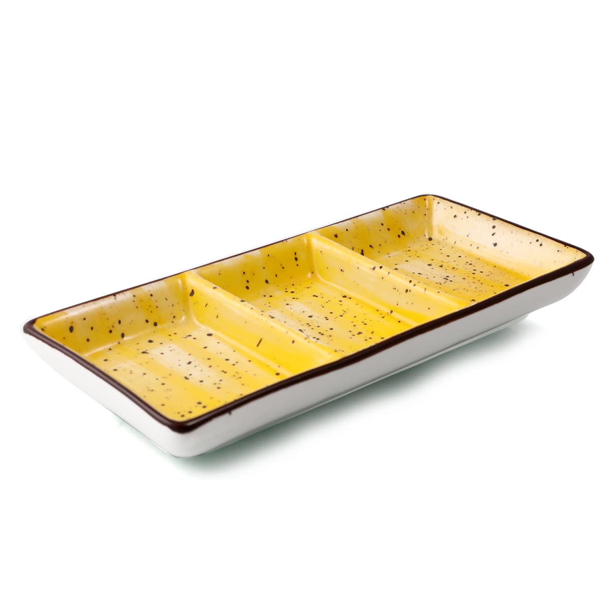 Porceletta Color Glaze Porcelain Rectangular Compartment Dish, 17.5 Cm Length, Yellow