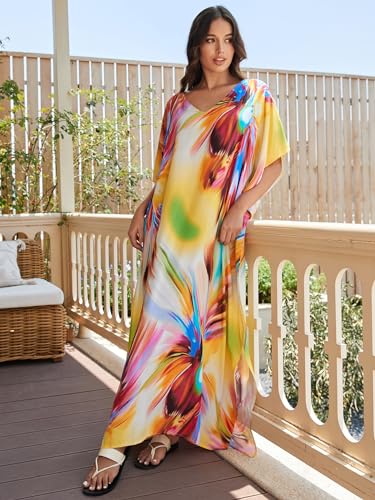 Image of IMAGEKOPE Women's Plus Size Loose Fit Moroccan Print V-Neck Batwing Kaftan Beach Dress Bathing Suit Cover Up