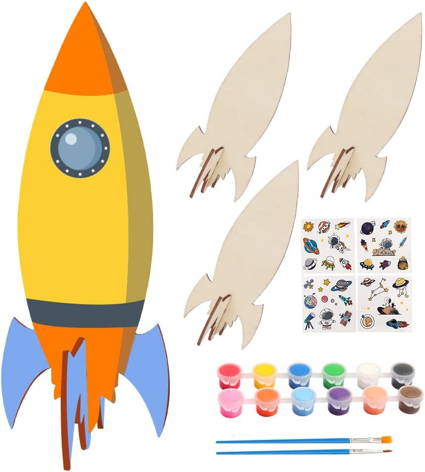 12 Raketen Aus Holz Zum Bemalen & Basteln – Komplett-Set Mit Stiften & Stickern, DIY-Spielzeug Für Kinder
