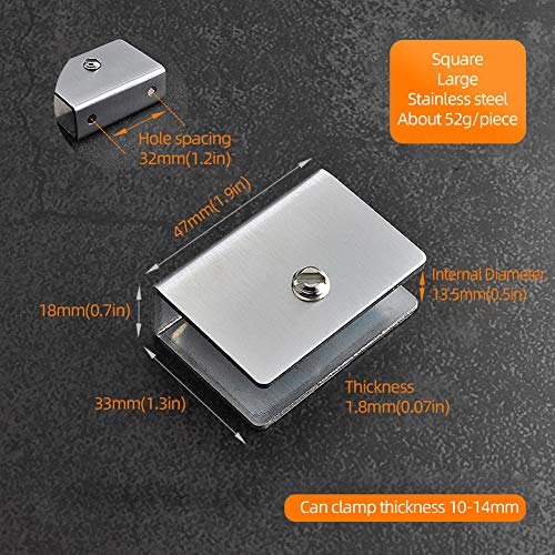 Glass Clamp Bracket, Adjustable Clamps Shelf Clip Brackets Holder Home Stainless Frameless Glass Wall Mount Support, 4 Pcs Installation Thicknesses 10-14Mm (0.39-0.55In) (Square Large) #TOP1