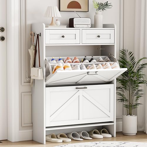 Image of Shoe Cabinet with 2 Flip Drawers & 2 Top Drawers, 43 inch Tall Freestanding Narrow Wooden Shoe Storage Organizer for Entryway, Hidden Slim Shoe Rack for Front Door Entrance, Hallway, Living Room, White