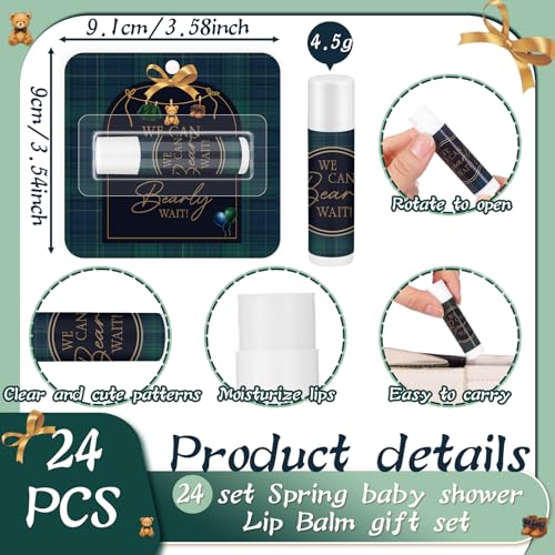 Image of 24 Pcs Tartan Plaid Bear Baby Shower Favors Lip Balm Bulks We Can Bearly Wait Bear Party Gifts for Guests Green Tartan Plaid Lip Balm Gender Reveal Party Favors Game Prizes for Boy Girl Shower