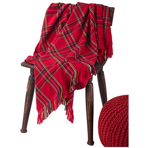 Fennco Styles Cozy Plaid Design Throw Blanket with Fringes 50" W x 60" L - Red Soft Rustic Blanket for Home, Couch, Bedroom, Living Room, Office, and Holiday Décor Cover