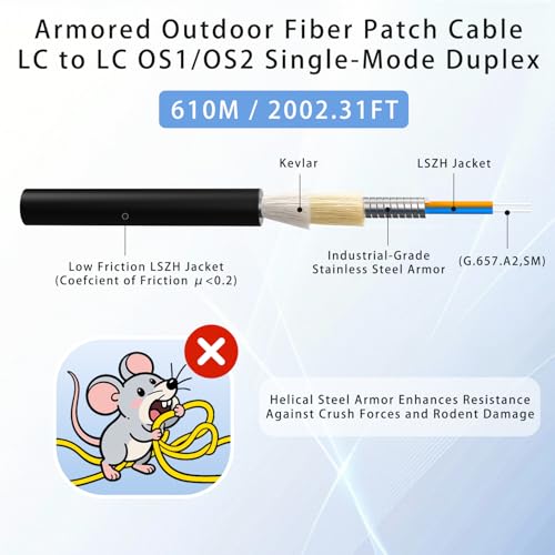 Image of 610M /2001FT LC to LC Armored Outdoor Fiber Optic Cable, Single Mode Duplex 9 /125μm SMF Fiber Patch Cord, OS1 /OS2 Compatible, Black LSZH Jacket, Uniboot Jumper for FTTH, Data Center, Long-Distance Use