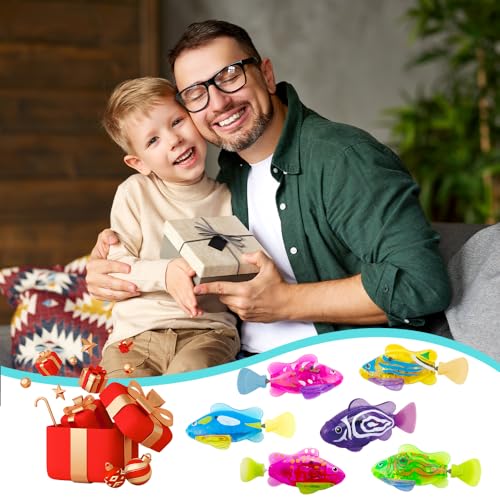 Robo Fish, 6 Stück Robo Fische für Kinder, Wiederverwendbare Elektrische Fische mit Leuchtende, Fisch Badewanne Spielzeug Elektrisch, Schwimmende Fische Spielzeug für Pool mit Batterie