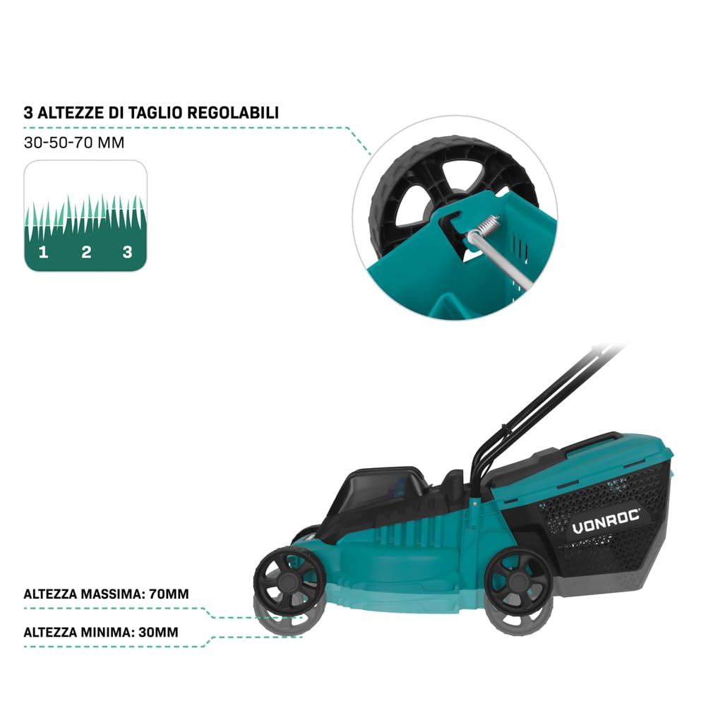 VONROC - Cortacésped inalámbrico VONROC 20 V - Ancho de corte 32 cm - Motor sin escobillas - Tres alturas de corte ajustable: 30/50/70 mm - Bandeja de recogida 30L. Batería de 4,0 Ah, cargador