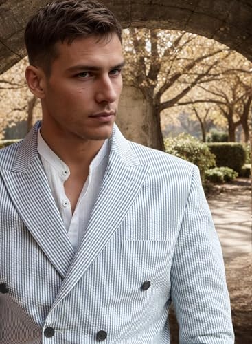 Men's 2 Pieces Searsucker Pinstripe Suit Casual Solid Six Button Blazer Slim Fit Double Breasted Jacket Trousers Party Set3