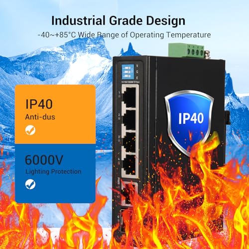 Image of Industrial Ethernet Switch, 6-Port Gigabit Ethernet Switch Hardened, 1000Mbps, 4*1 RJ45 Uplink+1 SFP Port, Din Rail & Wall Mountable (-40 to 185 F), 12Gbps Switching Capacity, with UL Power Supply