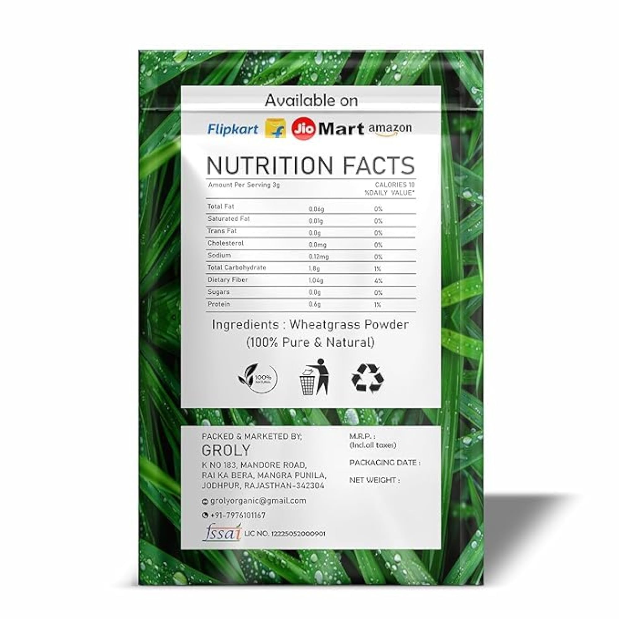 Groly Organic Wheatgrass Powder, 100 Grams