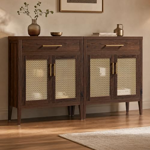 SICOTAS 60" Farmhouse Buffet Cabinet with Metal Mesh Doors, Modern Sideboard Credenza with Drawers, Elegant Coffee Bar Console Table for Living Room Entryway, Espresso Walnut