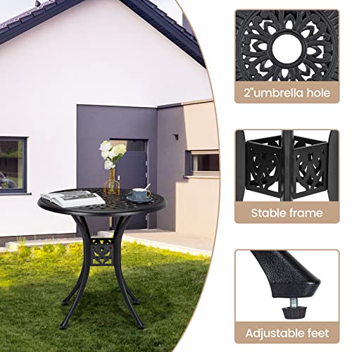 GOCAPTAIN 30.25" Round Cast Aluminum Patio Bistro Table, Bistro Table with Umbrella Hole, Outdoor Side Table, for Porch, Backyard, Garden, Balcony, Black