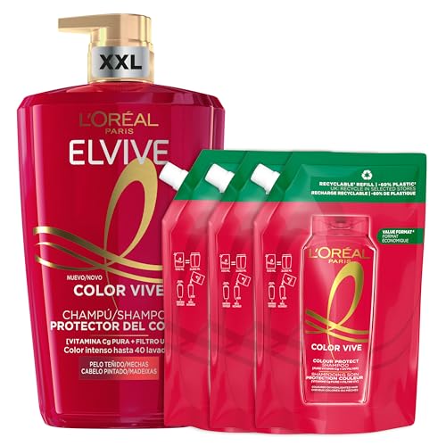 L’Oréal Paris Elvive Color Vive Pack 1 Champú Protector para pelo teñido 1L + 3x Champú Protector para pelo teñido refill 500ml