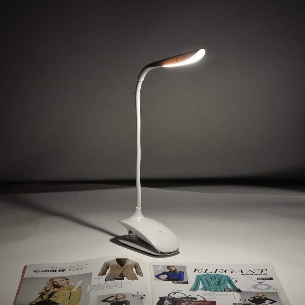 Portable Touch Control LED USB Rechargeable Reading LED Light Bedroom Bedside Desk Clip On Lamp with 3 Level Adjustable Brightness (White, Clamp)