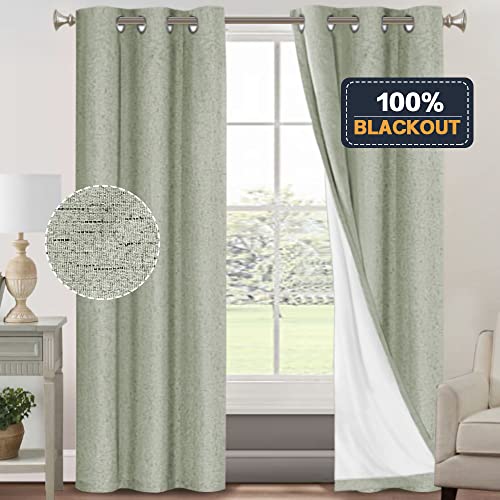 Image of PrinceDeco 100% Blackout Curtains 84 inches Long for Bedroom Linen Texture Blackout Curtains for Living Room Solid Window Treatment Drapes with White Liner Grommet Room Darkening Curtains,Sage,2 Pack