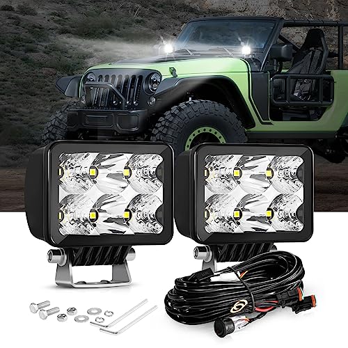 Auxbeam 3 Inch LED Pod Lights, 60W Square Offroad Driving Spot Flood Combo Work Light Bar, Cube Ditch Lights with Harness set for Truck Jeep A-Pillar Bumper 3in White