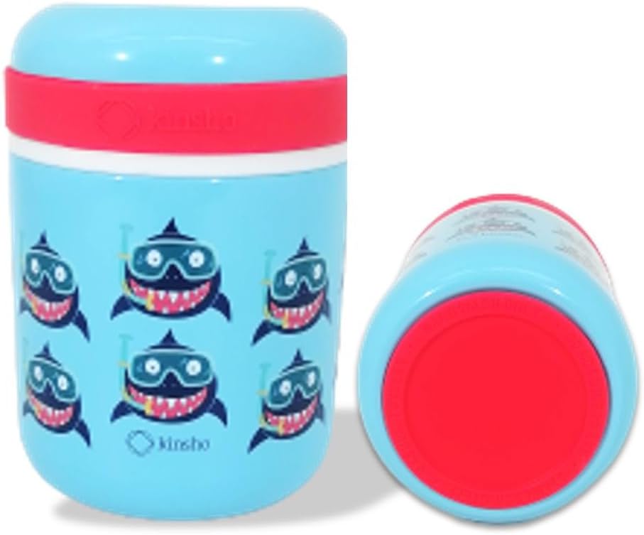 kinsho Thermo for Hot Food, Kids Lunch Insulated Stainless Steel Wide Mouth Jar, Boys Soup Container, Toddlers Day Care Pre-School, Leakproof Easy Grip Thermal Vacuum Seal 10 oz Blue Baby Sharks