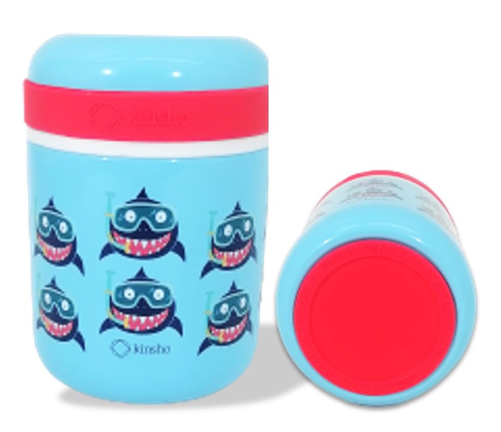 KINSHOThermal for Hot Food, Kids Lunch Insulated Stainless Steel Wide Mouth Jar, Boys Soup Container, Toddlers Day Care Pre-School, Leakproof Easy Grip Thermal Vacuum Seal 10 oz Blue Sharks