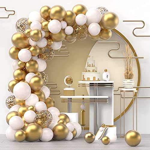 Image of White and Gold Confetti Garland Arch Kit with 120 Pieces of 12 Inch 10 Inch and 5 Inch Latex Metallic for Birthday Wedding Anniversary Valentine Celebration Party Decoration Supplies