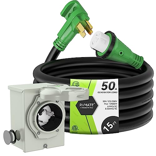 Rvmate 50 Amp Generator Cord 15Ft And Pre-Drilled 50Amp Power Inlet Box Kit, 125/250Volts, Nema 14-50P To Ss2-50R Power Cord, Etl Listed, Nema Ss2-50P Inlet Box Waterproof #TOP29