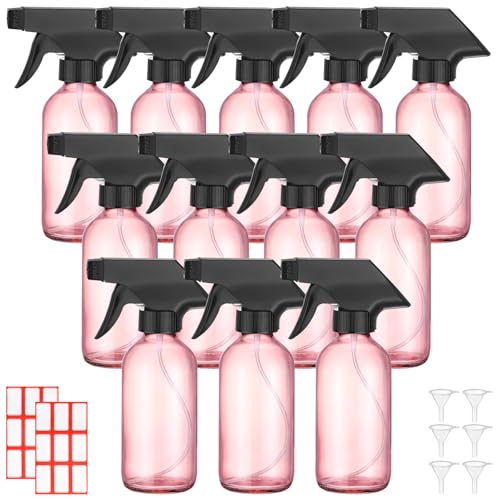 Norme 12 Pcs 8 oz Glass Spray Bottles with Funnels and Labels Refillable Cosmetic Empty Spray Bottles with Sprayer Containers for Essential Oil Cleaning Solutions(Pink,Classic)