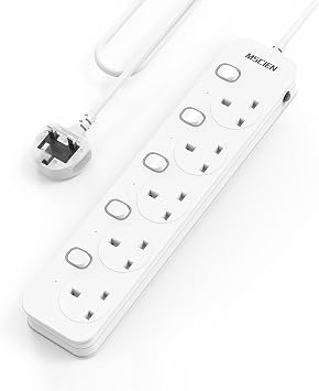 Mscien Extension Lead 3M 5 Way, Multiple Protections, Individual Switches | Overload Protection, Wall Mounted, Fused, 13A, 3250W, Safety Door, Flame Retardant, Wide Socket Space, LED Indicators