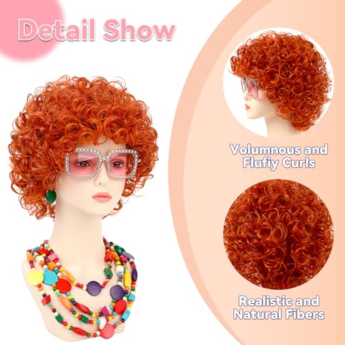 Image of Women Roper Curly Orange Red Cosplay Wig with Necklace Earrings and Sunglasses for Women Hallween Costume Wig