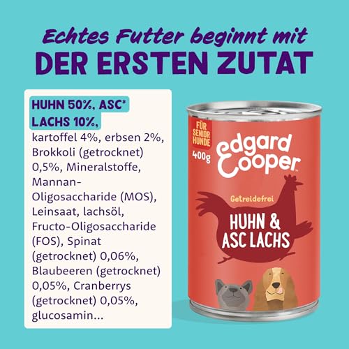 Edgard & Cooper Nassfutter für Senior Hunde (Huhn & Lachs, 400g x 6), Getreidefrei, natürliche Zutaten und frisches Fleisch, voller essentieller Aminosäuren