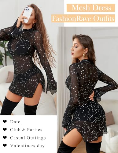 Image of Avidlove Mesh Mini Dresses for Women Bell Sleeves Bodycon Turtle Neck Split Lingerie Dress Vacation Party Outfits Clubwear