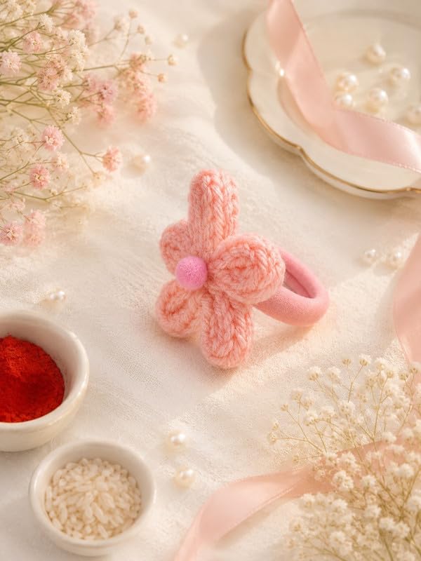 Image of Crochet Floral Rakhi for Brother with Handmade Yarn Flower Design, Reusable Decorative Style, Raksha Bandhan Gift Set for Brother and Family