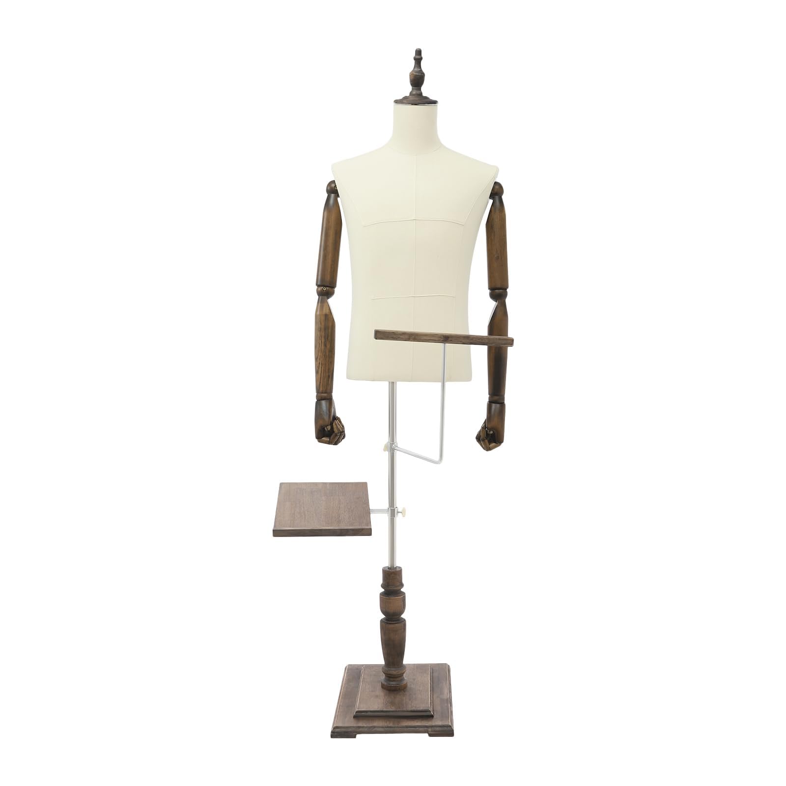Męski manekin krawiecki, tors do prezentacji odzieży męskiej, z odpinanym uchwytem na buty i wieszakiem na spodnie, mocowanie ramion na sprężynach, idealny do witryn(Beige,With rack)