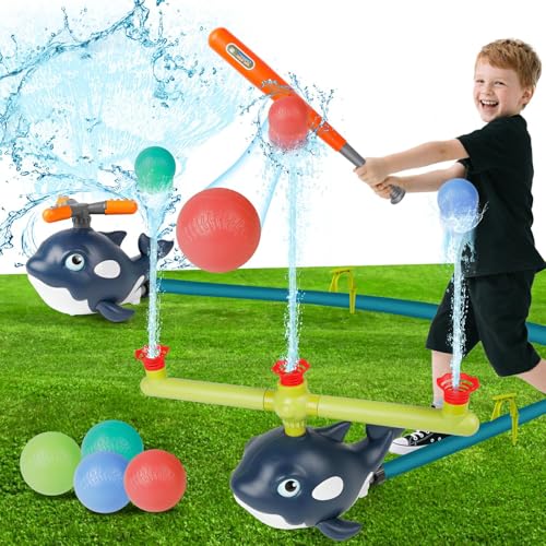 Sprinkler for Kids, 2-in-1 Whale Water Sprinkler Toddler Outdoor Toys Summer Water Toy with 3 Jets 4 Baseballs 360° Rotating Water Sprayer, Backyard Lawn Pool Party Fun for Boys Girls in Summer