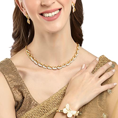 American Diamond Leaf Necklace Set With Bracelet (Golden)