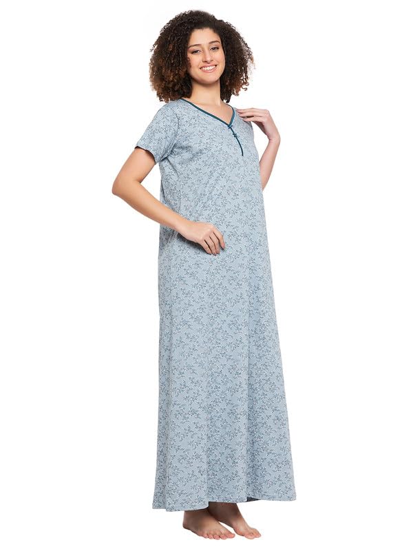 Clovia Abito da notte lungo da donna in cotone stampato in colore blu