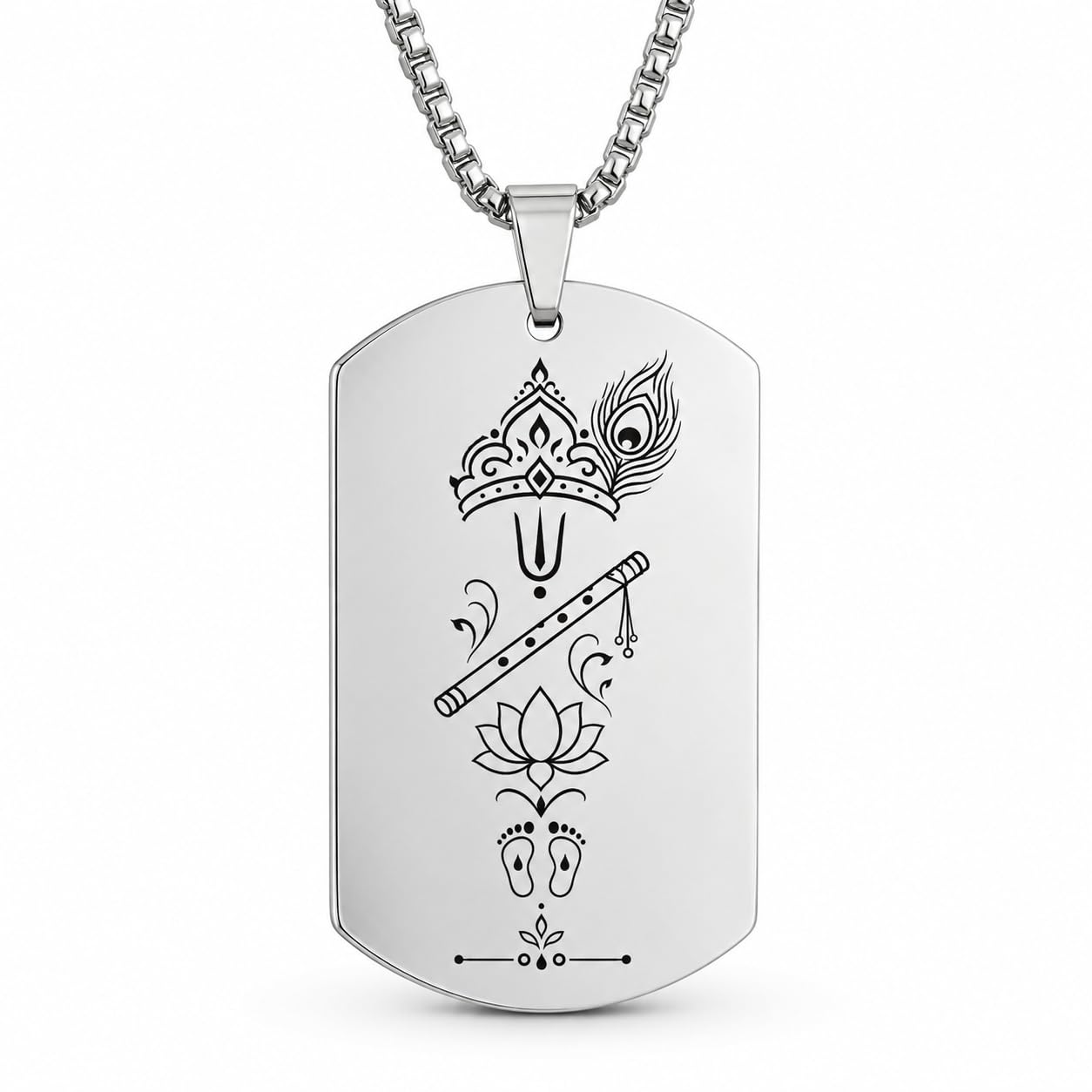 m men style Stainless Steel Om Namo Bhagavate Vasudevaya Krishna Pendant for Men 50mm x 30mm Silver Dog Tag Necklace with 22 Inch Box Chain, Flute Lotus Peacock Feather Locket-picture-44